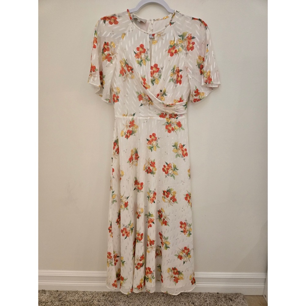 Hobbs London Floral Midi Dress UK 6 US 2 White Chiffon Flutter Sleeve Occasion